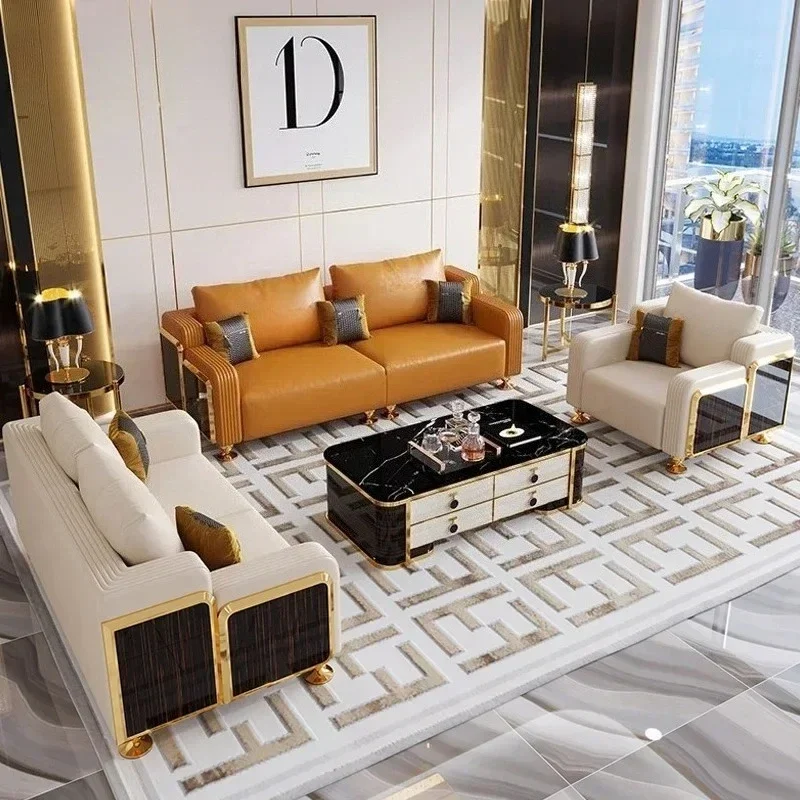 Leather With Wooden Sofa Set Modern Luxury Fashion 2/3/4 Seater Sofa Leather Couch For Living Room Accept Customzied Color