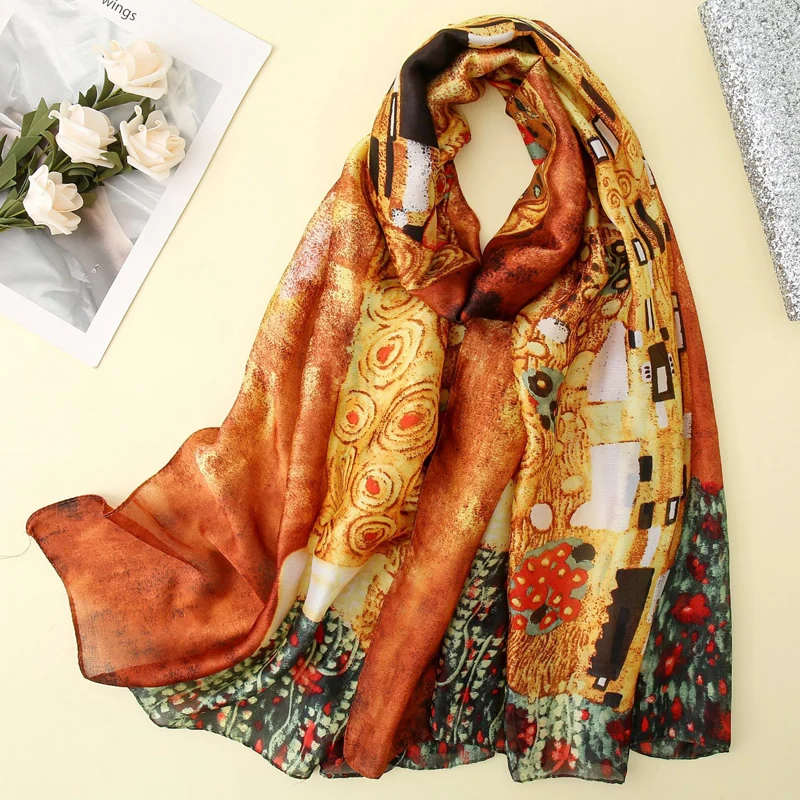 Gustav Klimt Oil Painting Silk Scarf for Women Luxury Brand Silk Shawl Designer Der Kuss Foulard Femme Summer Beach Cover up New 6