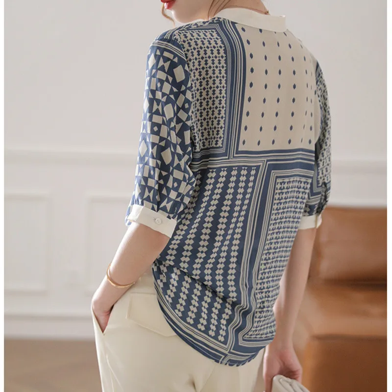 Summer Women\'s Blouse Chiffon O-neck Standing Collar Printed Office Lady Shirts Vintage Half Sleeve Tops Female Clothing