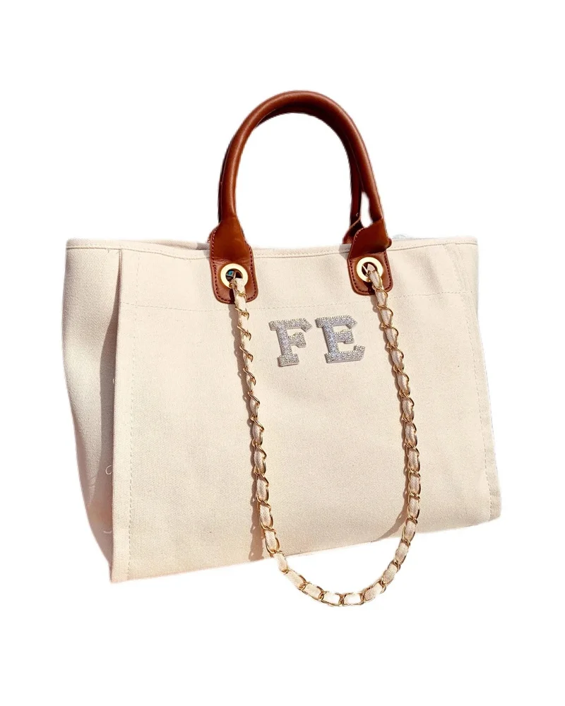 Custom Luxury Canvas Chain Tote Bag, Monogram Tote Bag, Canvas Chain Beach Shopping Tote Bag, Personalized Weekend Hand Bag large luxury beige customized monogram tote bag canvas chain beach shopping tote bag personalized weekend hand bag