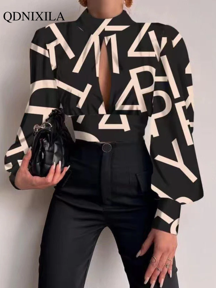 2023 Spring Summer New Stand Collar Print Backless Hollow Women's Blouses Fashion Elegant Long Sleeve Casual Top Lace-up Shirts