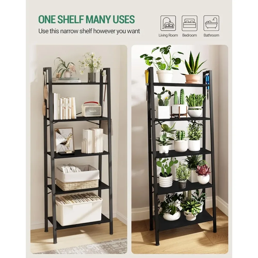 Bookshelf, Ladder Shelf, Freestanding Corner Storage Shelve with 2 Hooks for Home Office, Living Room, 5-Tier Black Bookcase 4