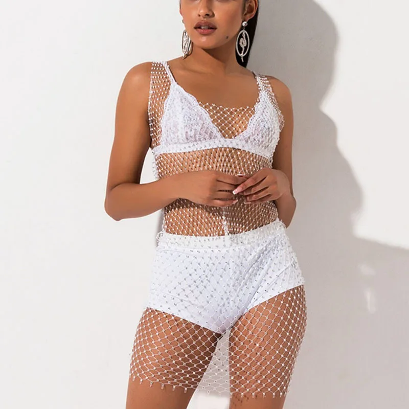 

AKYZO-Sexy Mesh Fishnet Dress Shiny Hollow Rhinestone Diamond Lingerie Hollow Out Party Night Club Cover Up See Through Dress ﻿