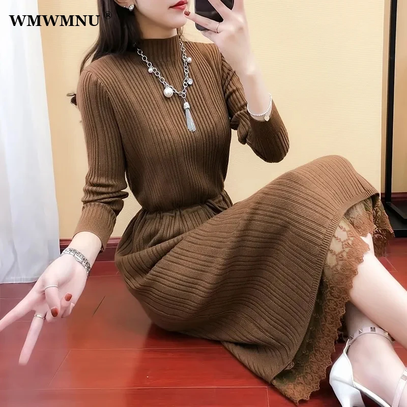 

Spliced Lace Half Turtleneck Knitted Dress Women Casual Slim Long Sleeve Sweater Dress Drawstring Waist Elegant Midi Vestidos