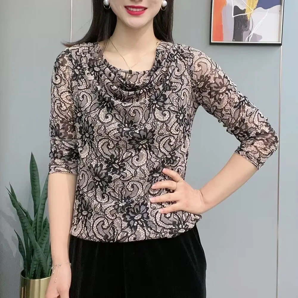 

Woman Spring Autumn Style Mesh Blouses Shirts Lady Slim O-Neck Long Sleeve Printed Blusas Tops DD9559