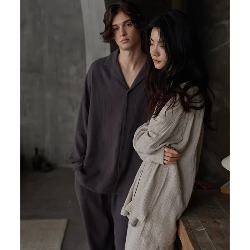 

2024 New Couple Pajamas Long-sleeved Cotton Thin Loungewear Women's Simple and Loose Can be Worn Outside Casual Suits