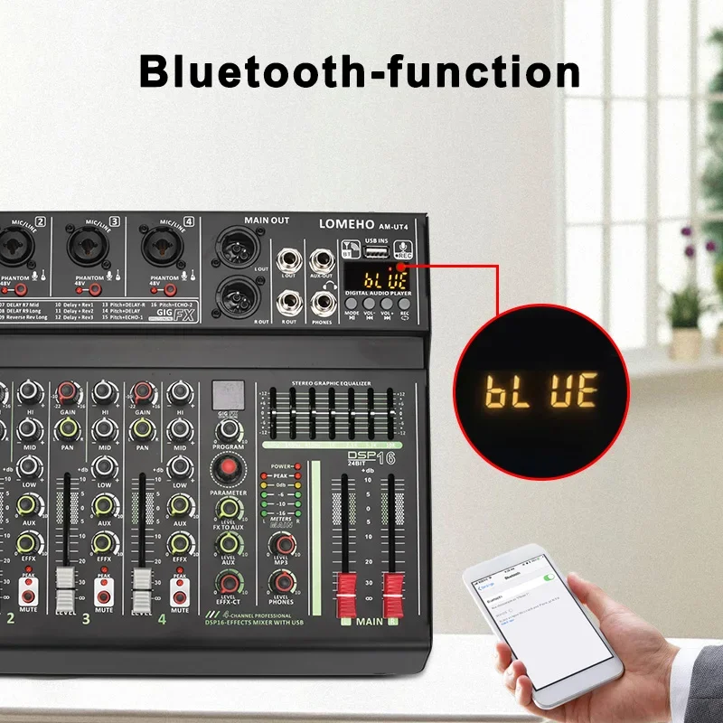 4 Mono Channel Mixing Console 7 Band EQ 48V 16 Effects Karaoke Mute DJ Remote Control Bluetooth Audio Sound Mixer AM-UT4 audio mixer