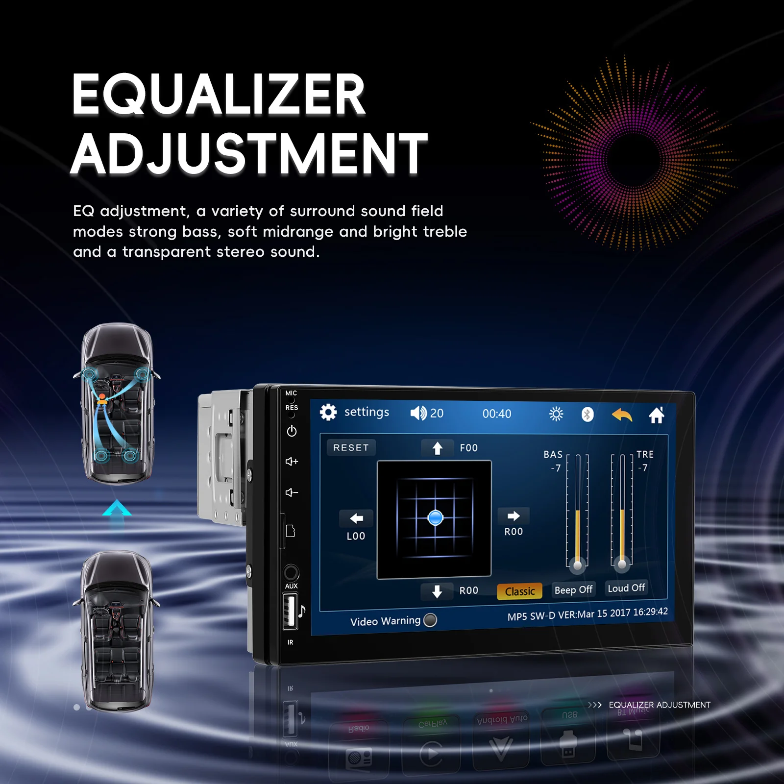 Reproductor MP5 Podofo de 7'' con Pantalla LCD 1Din, Reproductor Multimedia con Mirror Link, EQ, FM, BT, USB, Luces LED, Control del Volante, Estéreo para Auto 5