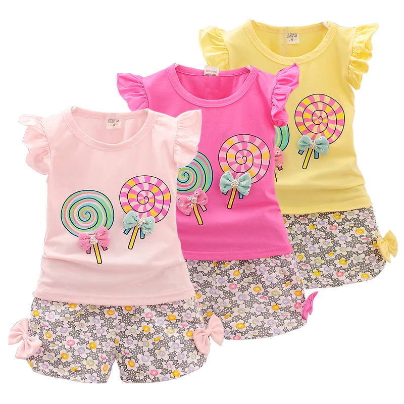 

Two Pieces Cotton Fashion Girls Clothes Suit Casual Floral Outfits 1-5T Girls Clothing Sets Vest Sleeveless Children Sets