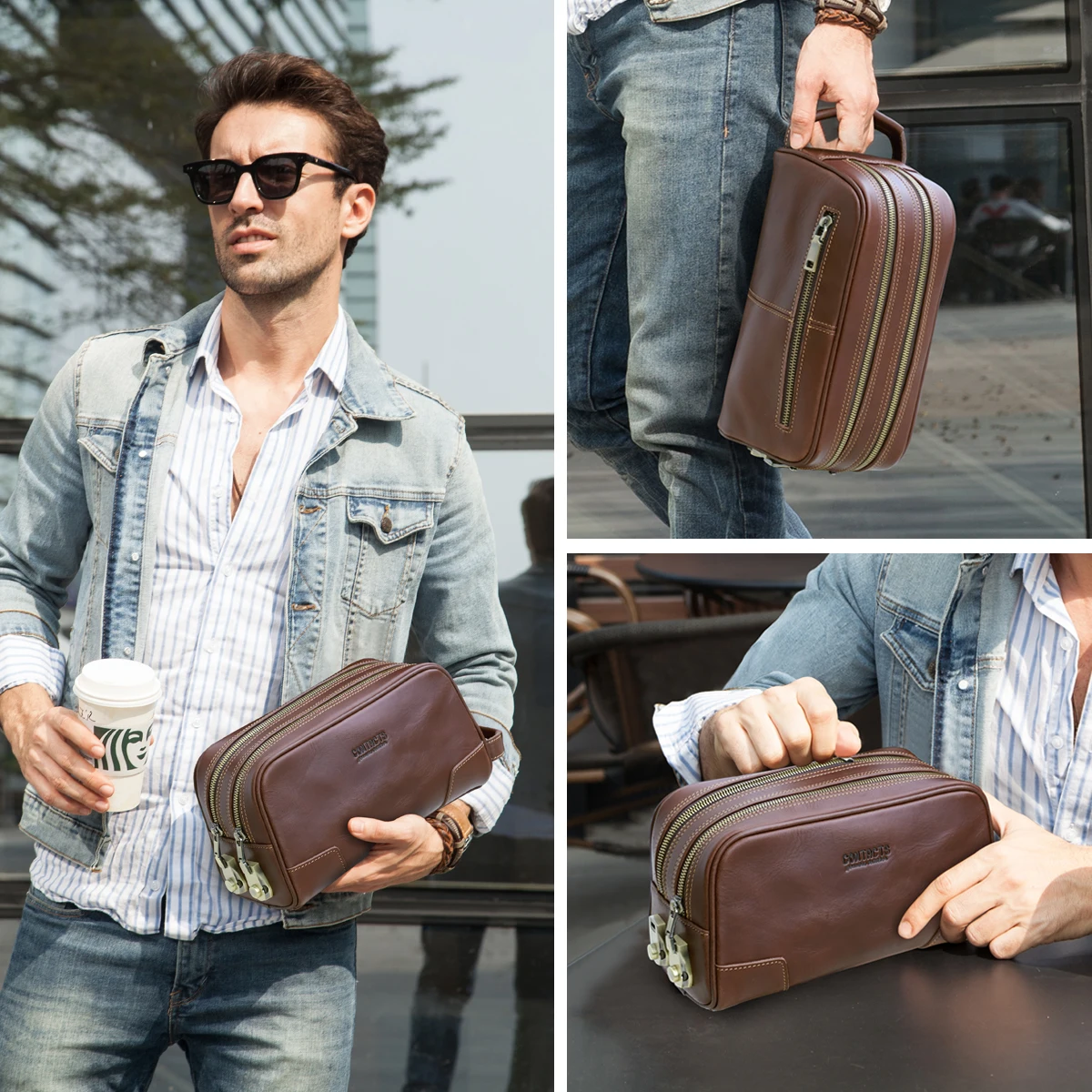 Genuine Leather Men Travel Cosmetic Bag Password Designer Portsble Toiletries Kit Organizer Makeup Wash Pouch Large Capacity 4