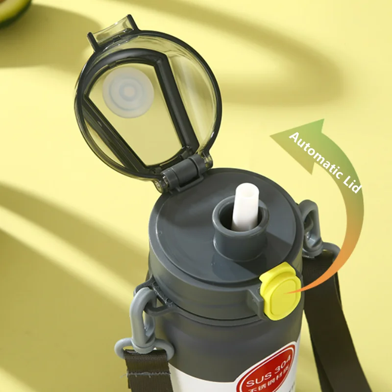 304 Sport Vacuum Flask With Straw Portable Thermos Mug With Strap 600Ml