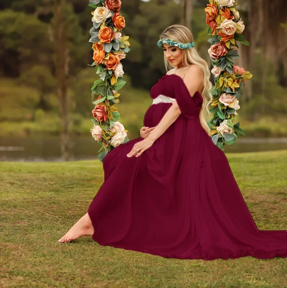

Шифоновое платье-реквизит для фотосъемки беременных с поясом платья для беременных женское длинное платье со шлейфом летающие рукава