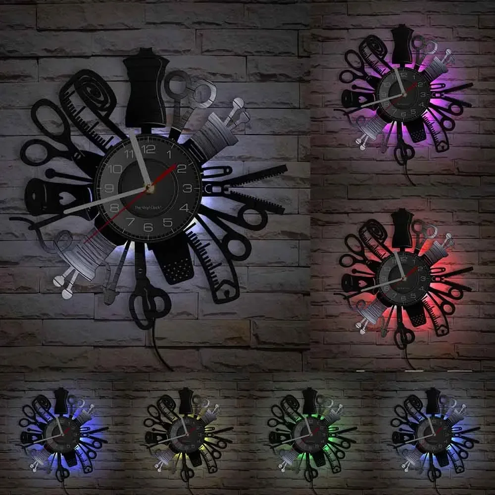 Sewing Machine Quilting Tools Vinyl Record Wall Clock Tailor Seamstress Sign Modern Hanging Decor Timepiece Led Watch Light,digital wall clock