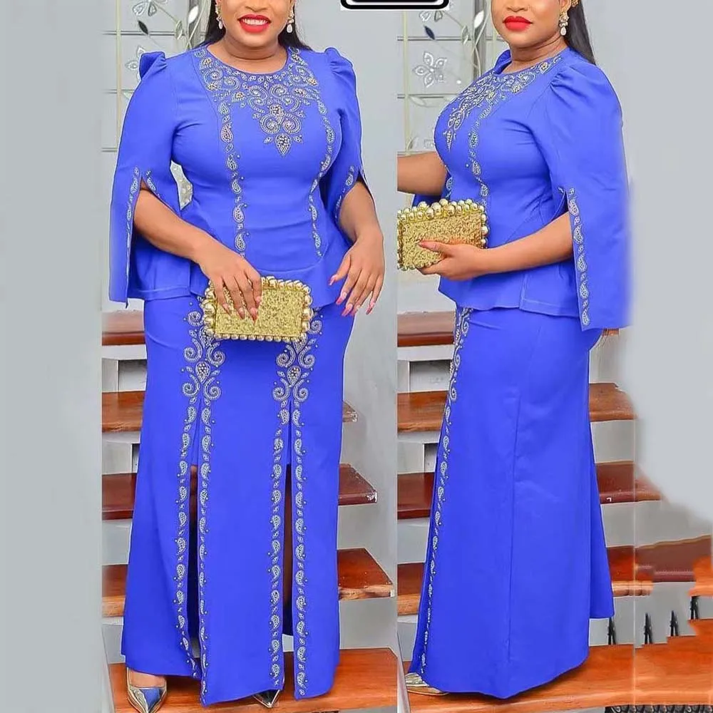 

African Dresses for Women Skirt and Blouse Diamond Solid High Split Floor Length Elegant Evening Party Birthday Outfits Sets New