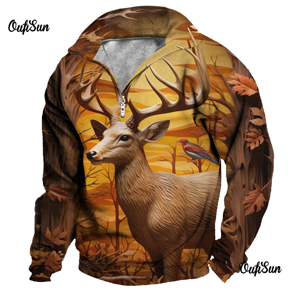 

Retro Men's 3d Hoodies Elk Deer Festival Zipper Hoodie For Men Fashion Oversized Autumn Men's Pullover Hoodies Men Clothing Tops