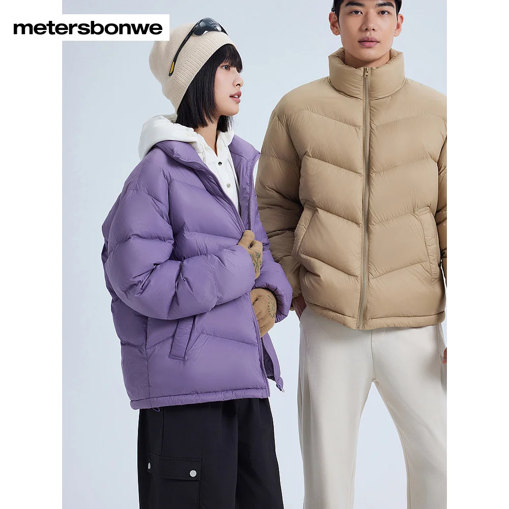 Metersbonwe-Men Women's Stand-up Collar Bread-shaped Jacket Puffer Solid Color Soft Comfort Down Jacket Commuter Daily Winter