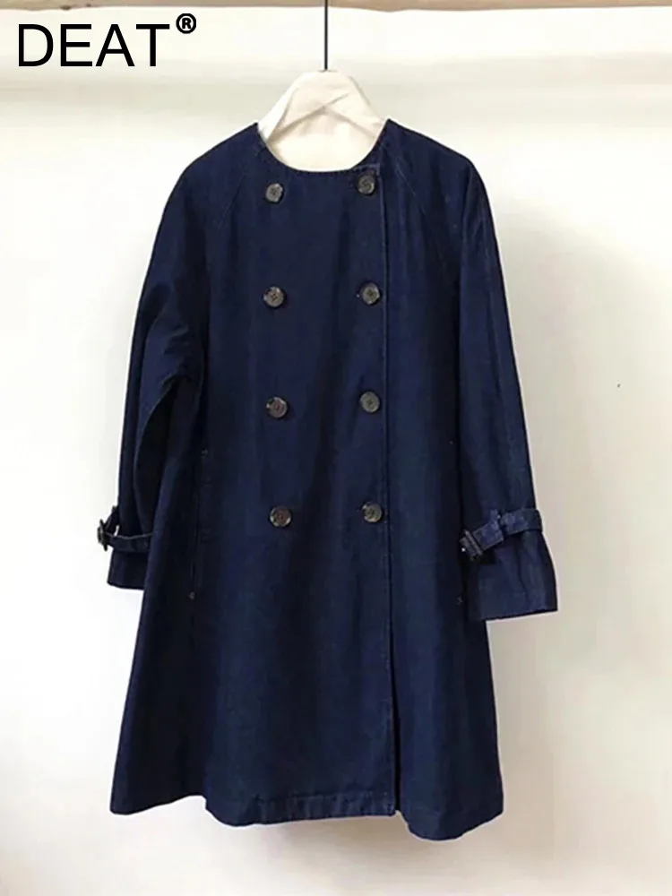 

DEAT Women's Denim O-neck Double Breasted Solid Color Loose High Quality A-line Long Windbreak 2023 Autumn New Fashion 29L4132