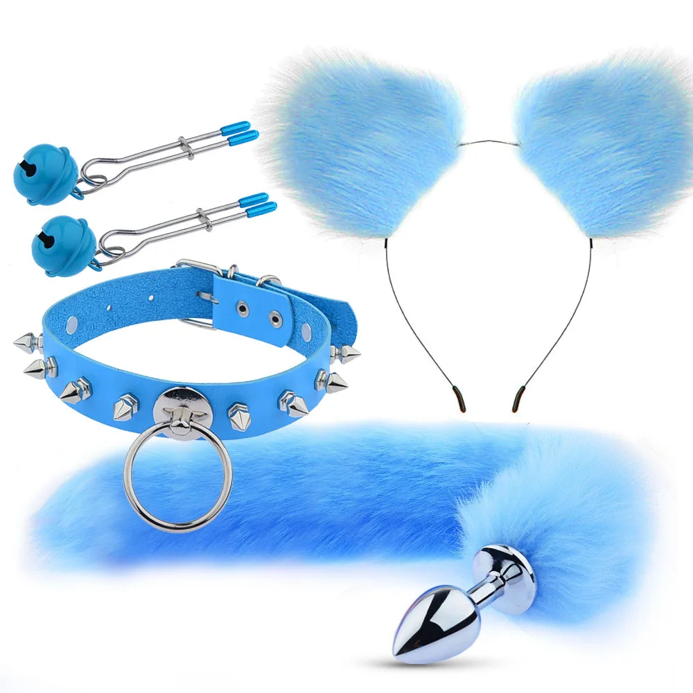 Coda di volpe Carino Plug anale Orecchie di gatto Fasce per capelli Set Clip per capezzoli Collo Collare Cosplay erotico Sesso T_voghion.com