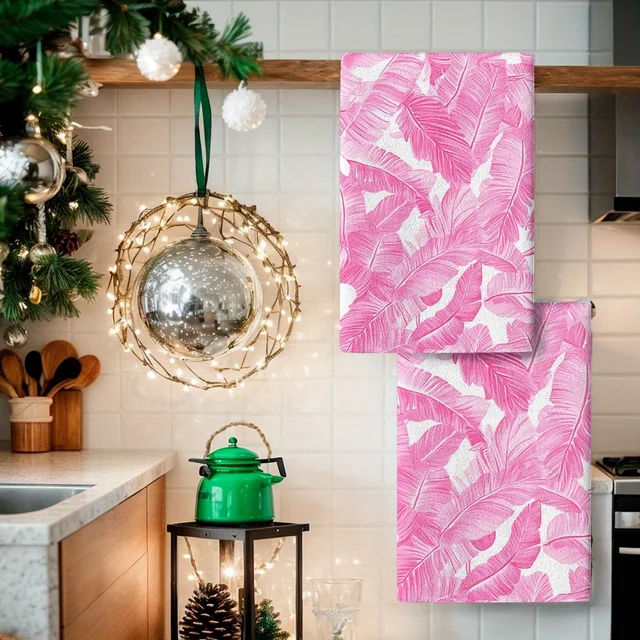 2PCS Soft Absorbent Kitchen Towels – Pink Banana Leaf Tropical Print 2