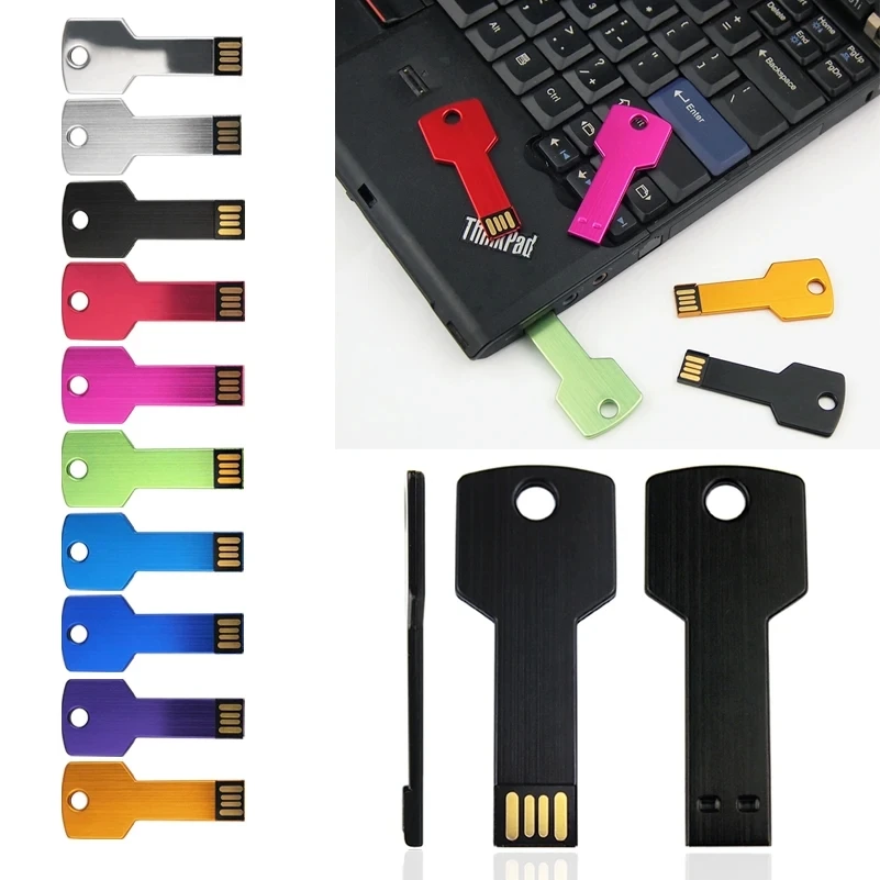 Metal Key Shape USB Flash Drive 64GB Black Silver Stick Real Capacity Storage Devices High Speed