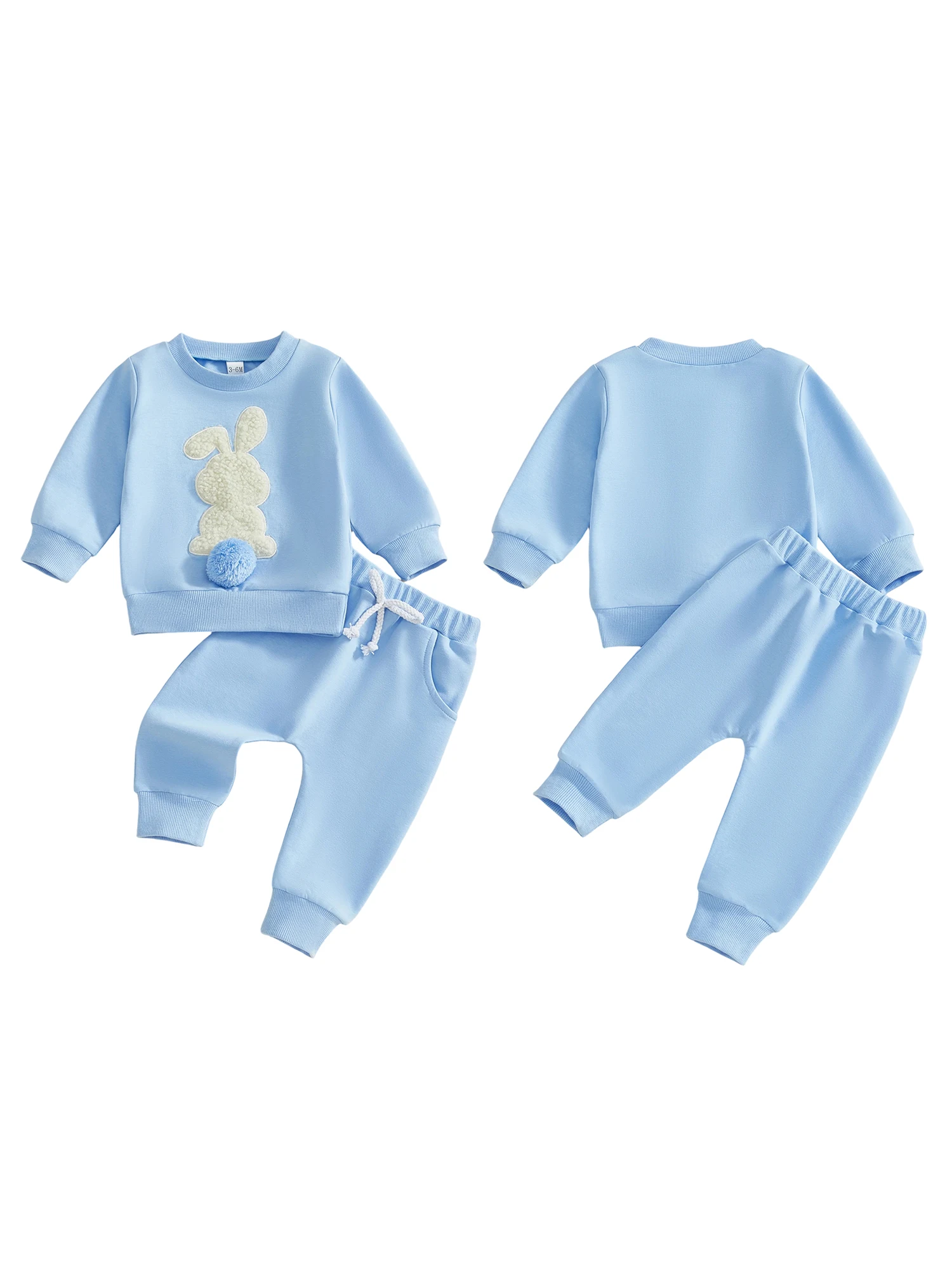 Adorable Baby Girl Boy Easter Outfit with Long Sleeve Crew Neck Bunny Embroidery Sweatshirt and Elastic Waist Pants Set for