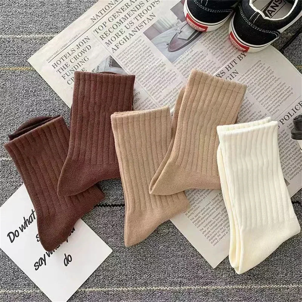 5 Pairs Women's Mid Tube Japanese Fashion Striped Socks - Polyester Cotton Blend