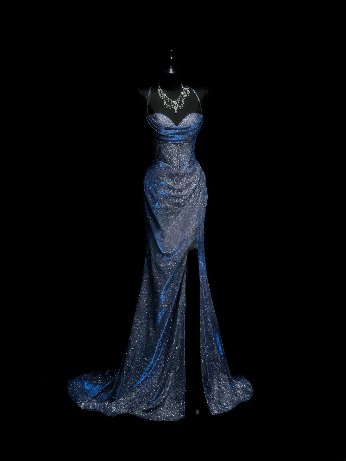 Woman Blue Cocktail Dress Sexy Shiny Sequins Spaghetti Strap Split High Waist Lady Prom Evening Gown