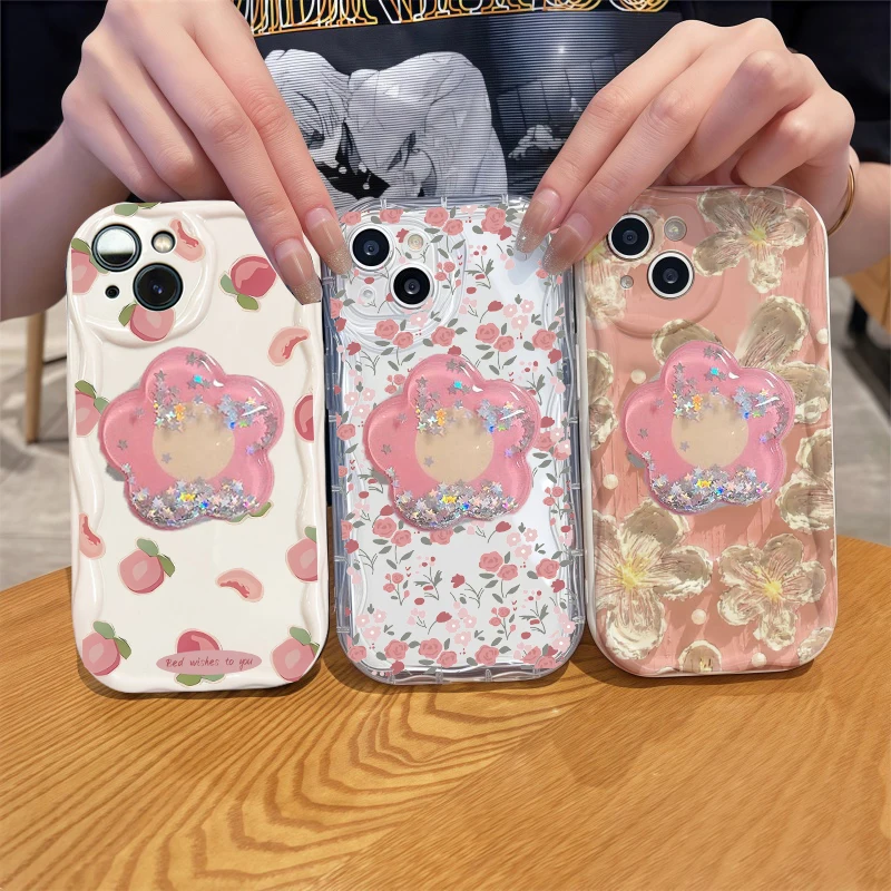 Retro Floral Flower Bracket Holder Phone Case - Silicone Wavy Edge Shockproof Design