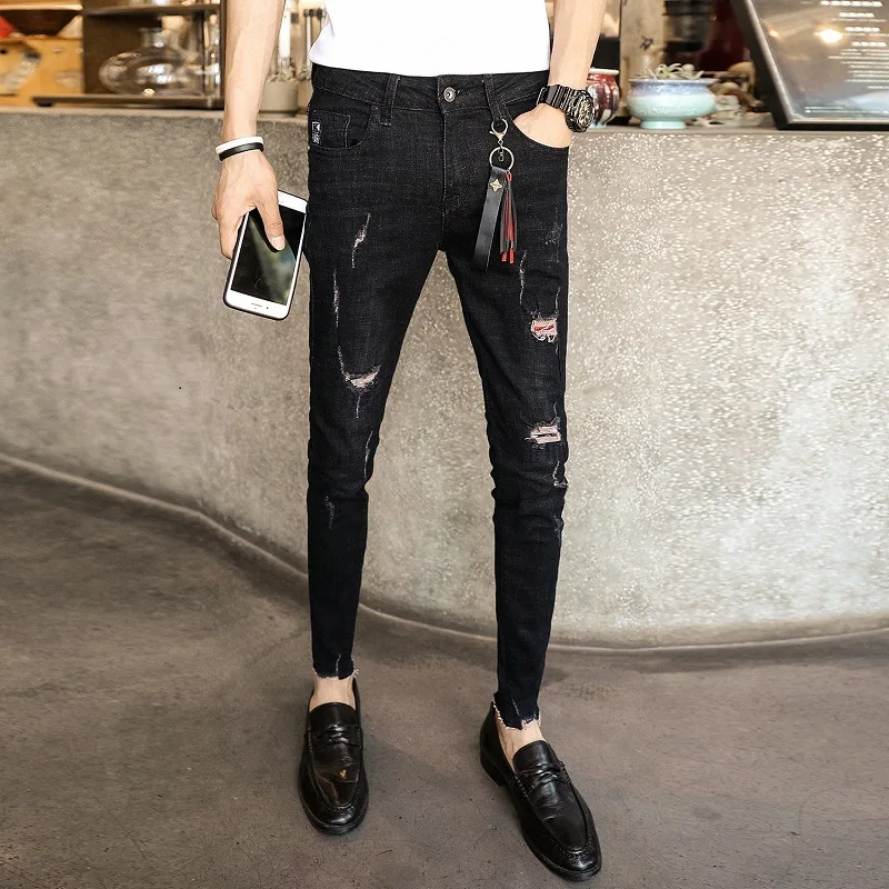 Summer 2022 Teenagers Street Ankle Length Ripped Hole Dark Jeans Men's Korean Tight Beggar Feet Pants Skinny Men's Pencil Pants