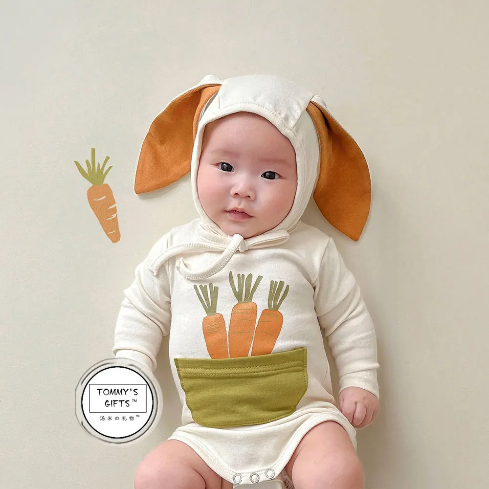 

Umorden Infant Baby Romper Bodysuit Hat Set Bunny Rabbit Long Ear Carrot Print Pocket Long/S Spring Autumn Summer Easter Clothes