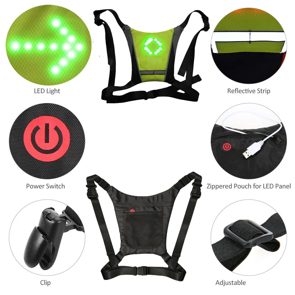 LED 무선 사이클링 반사 조끼 MTB 자전거 가방, 안전 LED 턴 시그널 라이트 조끼, 원격 조정 자전거 반사 경고 조끼