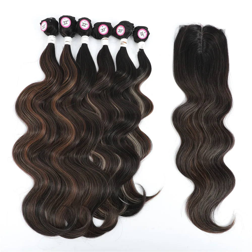 Synthetic Hair Extensions X-TRESS Body Wave Hair Bundles With Middle Part Closure For Black Women 7PCS One Pack