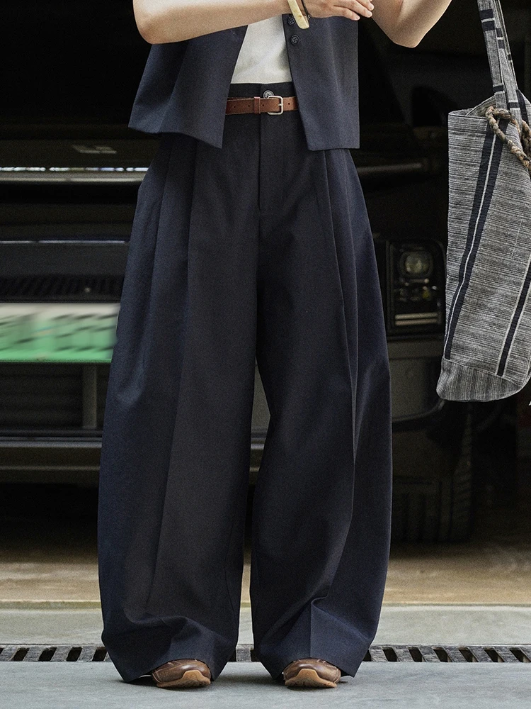 [EAM] High Waist Navy Blue Pleated Brief Long Casual Wide Leg Pants New Trousers Women Fashion Tide Spring Autumn 2026 1DJ3459