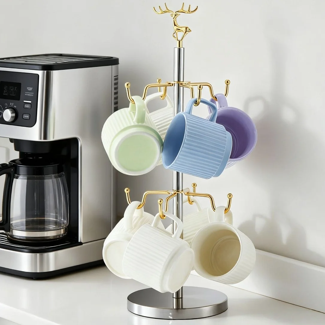 شجرة حامل الأكواب مع 8 خطافات، حامل أكواب القهوة م...