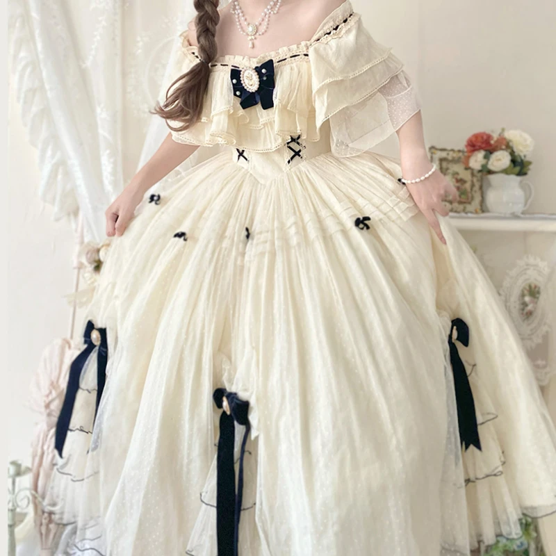 Vintage elegant Lolita dress women sweet bow high waist fairy party summer cosplay costumes French princess dress