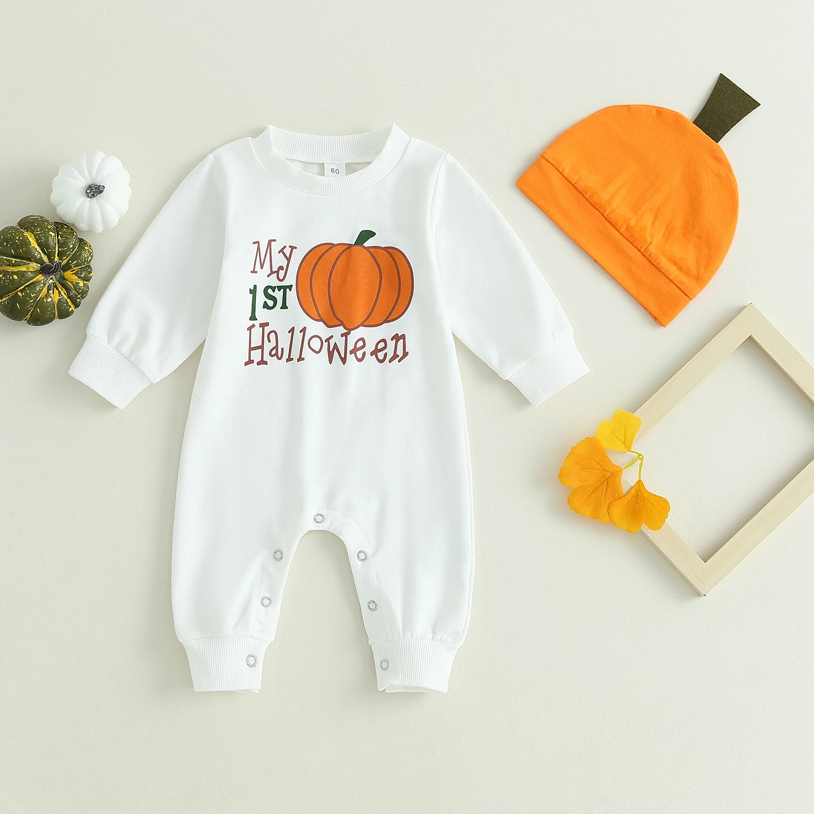 

BeQeuewll Baby Girls Boys Rompers Halloween Clothes Pumpkin Letter Print Long Sleeve Jumpsuits Fall Bodysuits with Hat