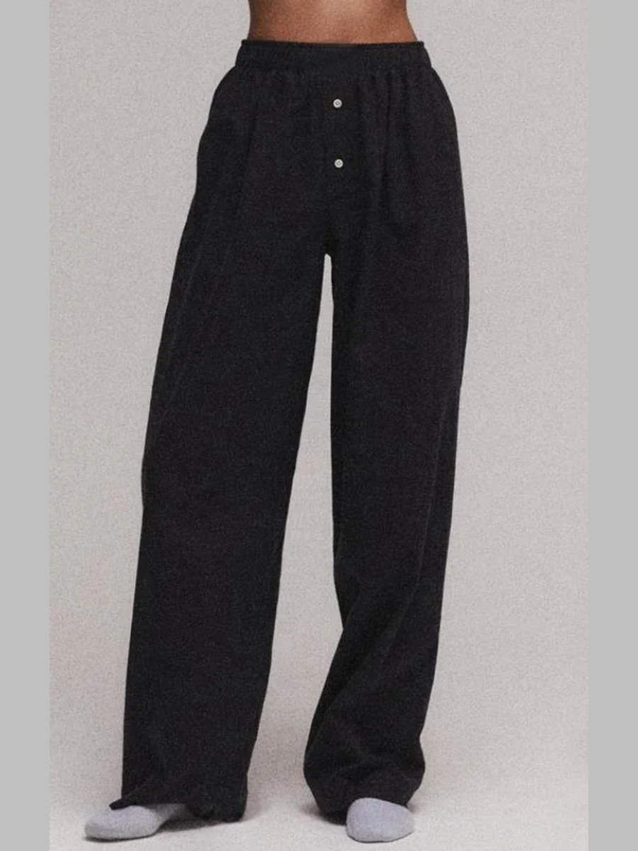 Combhasaki Women's Y2K Retro Vintage Casual Striped/Solid Long Pants Button Elastic High Waist Aesthetic Loose Straight Trousers 6