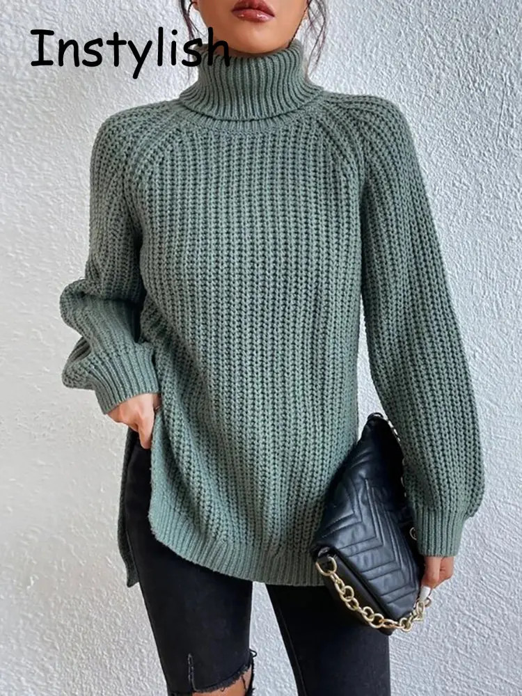Women Winter Turtleneck Loose Sweater Elegant Drop Sleeve Side Split Pullover Vintage Harajuku Chic Jumpers Oversized knit Tops 2