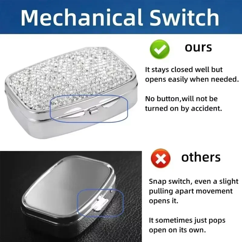 Portable Bling Crystal Pill Box 2 Compartments Daily Pill Organizer Small Travel Pill Case for Purse or Pocket to Hold Vitamin