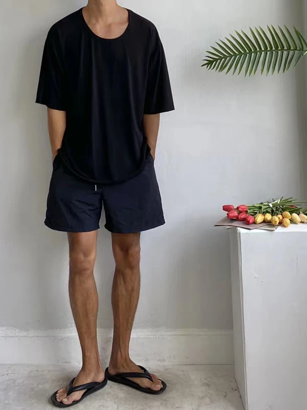 Laid-ba Sle Ice Silk Cotton Men's T-irt Loose Fit ort Sve Spor Pull-over Top Breathable Cool Feeling Summer Wear