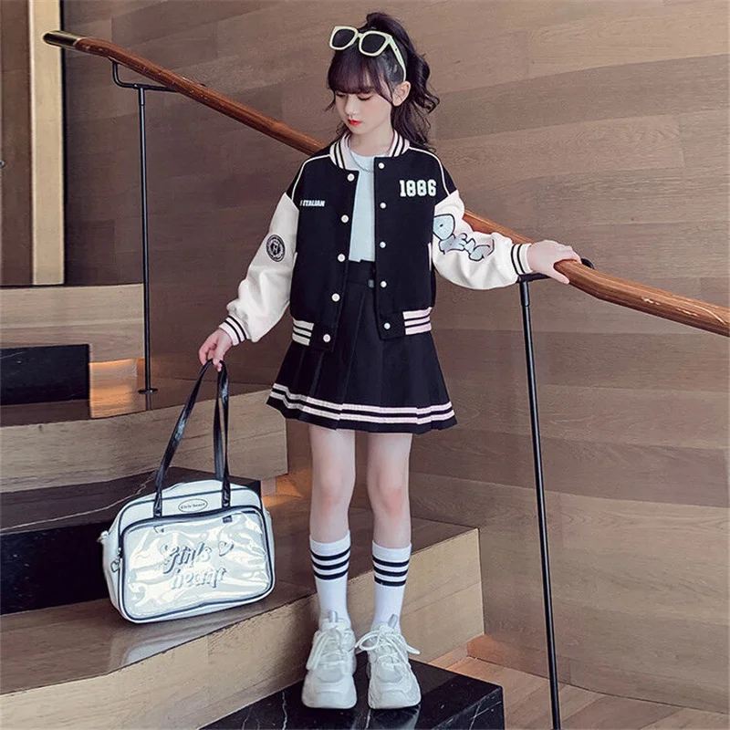 Girls Student Uniform Sets Spring Autumn Kids Baseball Sports Suit Children Jacket Pleated Skirt 2Pcs Fashion Clothing Outfits - 6