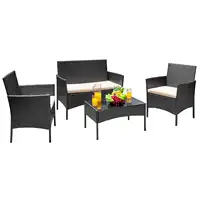 4 Pieces Patio Furniture Set Rattan Outside Furniture Wicker Sofa Garden Conversation Sets with Soft Cushion and Glass Table for 1