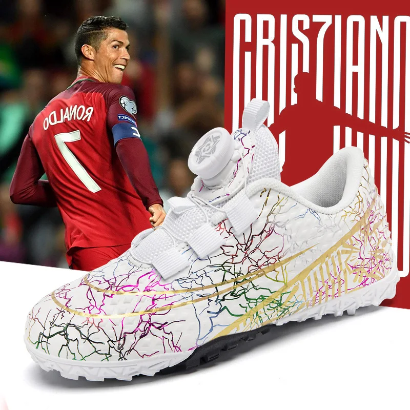 Children Football Shoes Rotary Buckle TF Ankle Boots Non Slip Boys And Girls Five a Side Kids Soccer Indoor Training Sneakers