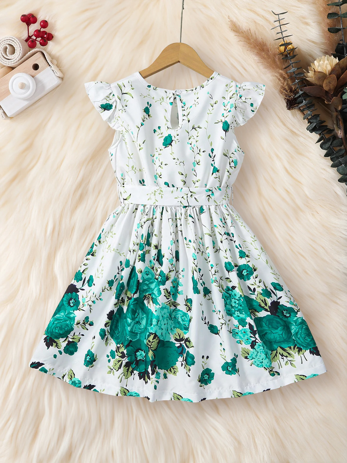 Girls Dress Summer Green Flower Belt Lotus Sleeves Fashion Children's Clothing 4-7Y
