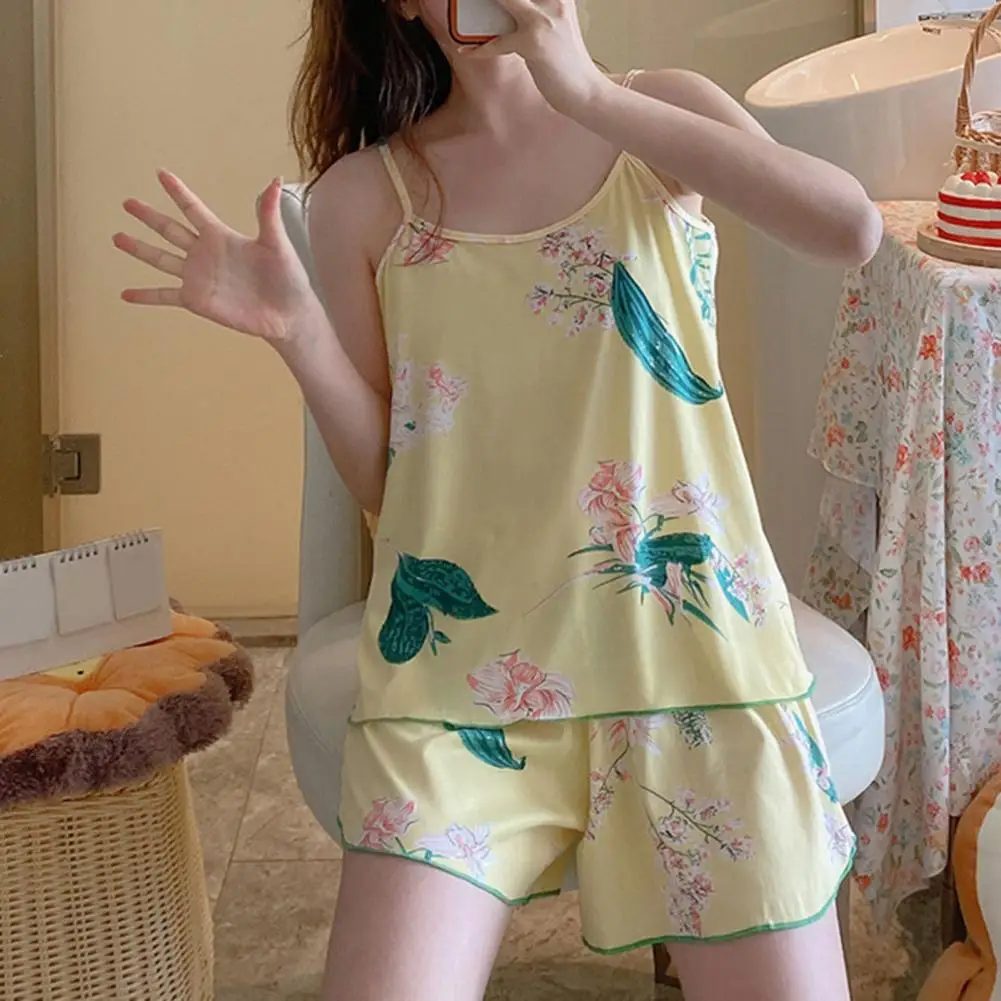 2Pcs/Set Cartoon Print Women Pajama Set O-Neck Sleeveless Backless Elastic Waistband Sling Vest Wide Leg Shorts Sleepwear Set 잠옷