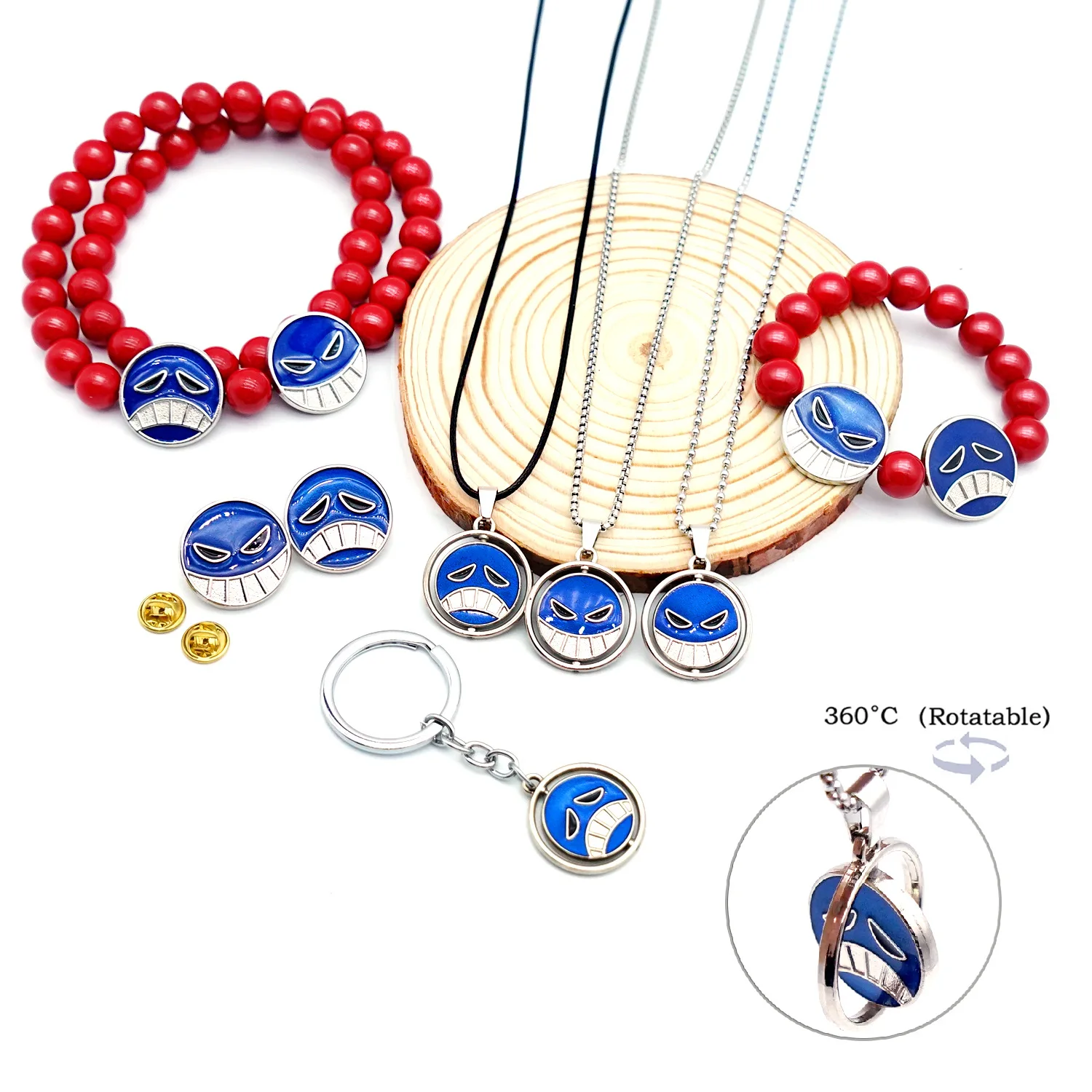 Anime One Piece Portgas D Ace Red Beads Necklace Metal Pendant Keychain Pins Women Men Jewelry