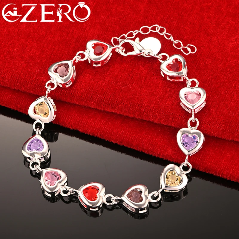 ALIZERO 925 Sterling Silver Multicolour Crystal Chain Rainbow Zircon Heart Bracelet For Woman Fashion Charm Jewelry Wedding Gift