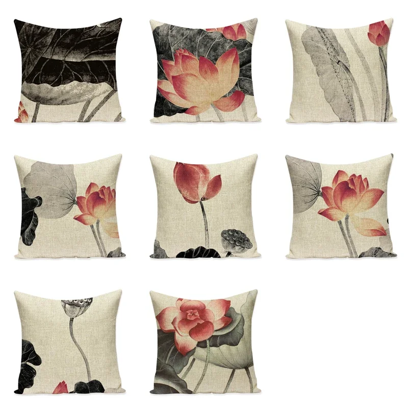 

Floral Cushion Cover Print Linen Decorative Pillow Case Lotus Sofa Throw Pillowcase Car Seat Accessories Home Decor Gift 45x45cm