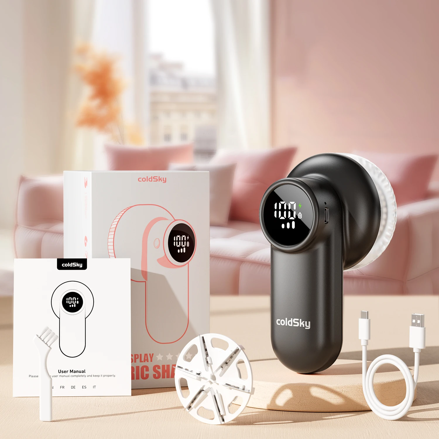 coldSky Rechargeable Lint Shaver with Digital Display Fabric Shaver Sweater Shaver 3-Speeds with 6-Leaf Blades for Clothes Sofa 6