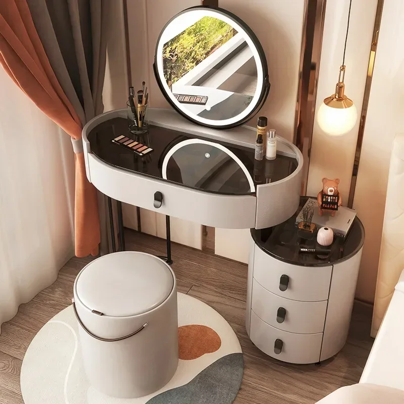 

LED Container Dressing Table Mirror Chair Drawers Luxury Nordic Dressing Table Bulb Corner Tocador Maquillaje Luxury Furniture